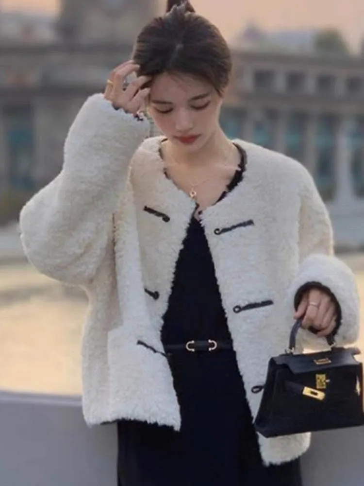 Casacos soltos grossos de pele sintética moda coreana o pescoço único breasted jaquetas femininas elegantes manga longa lã de cordeiro chaquetas novo