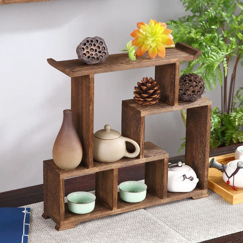 Chinese Tea Cup Organizer Solid Wood Shelf Mini Ceremony Tray Purple Sand Pot Desktop Stand