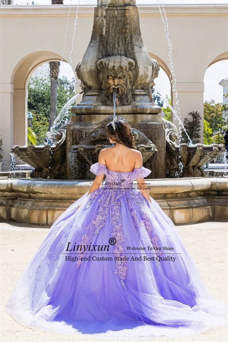 Vestido de quinceañera con volantes y flores de lavanda, bonito vestido de baile, boda, fiesta de cumpleaños, princesa