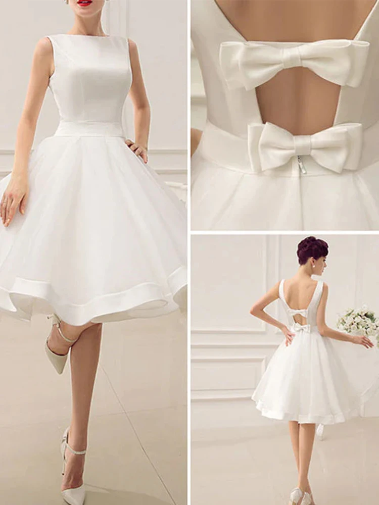 Customized Wedding Party Dresses Satin A-line Civil Wedding Dress Ivory Boat Neck Organza Bows Ruched 2025 Bride Gowns for Women