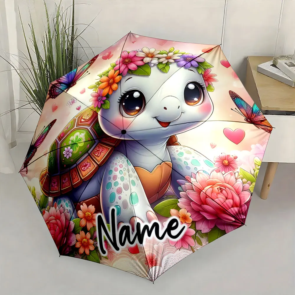 Custom Name  Colorful Turtle Design on Umbrella for Kids Print 8 Iron Ribs Folding Umbrella Auto-Open Fashion Sunshade