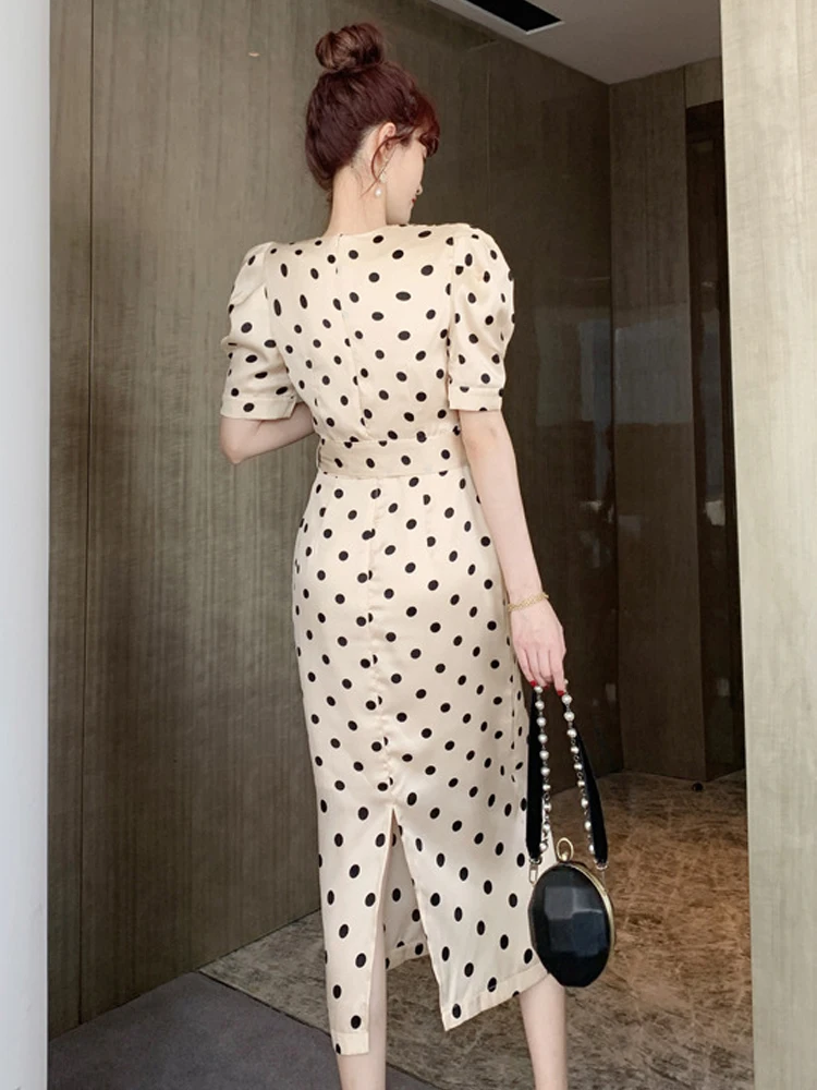 new arrival fashion party club dress women elegant summer vintage puff sleeve v-neck temperament office lady dot a-line dress