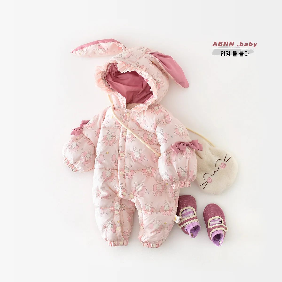 2024 Winter Baby Girls Parkas Floral Cotton Quilted Plus Velvet Hooded Infant Girls Jumpsuit Wam Rabbit Ear Newborn Girls Romper