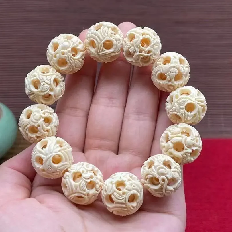 Ice Material Mammoth Ivory Bracelets Art Carving Ghost Worker Exquisite White Hollow Ball 16MM Hand String WenPlay Accessories