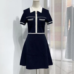 Office Ladies Short Sleeve Knitted Dress Vintage Lapel High Waist Autumn Dresses 2022 Casual Navy Blue Mini Vestidos for Women