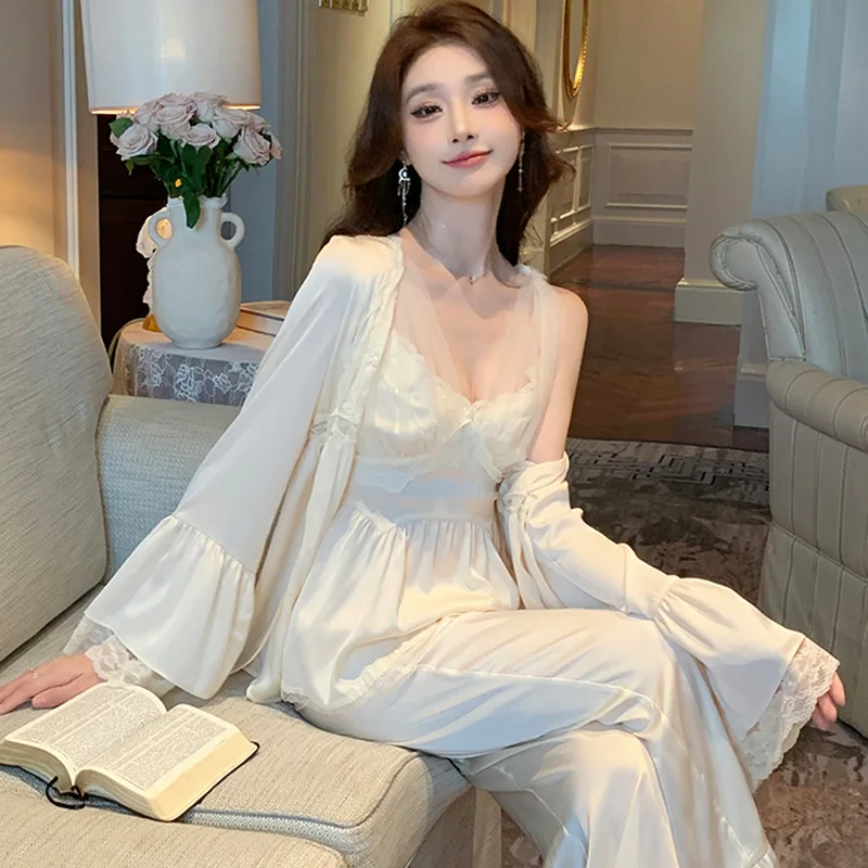 

Ice Silk Pajamas for Women, Sexy Lace, 3-Piece Suit, Suspenders Trousers with Chest Pads, Spring and Autumn Pajamas