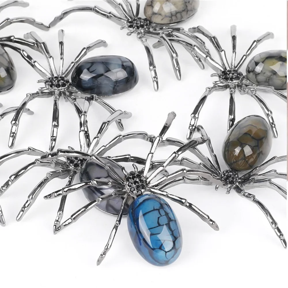 

1Pc Natural Crystal Agate Stone with Silver Alloy Spider Handmade Figurine Collection Reiki Healing Crystals Halloween Decor