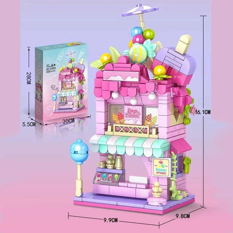 Sweet Ice Cream Shop Bricks Model Cute City Corner Store Street View Building Blocks Assemble Toys Gifts Ornament For Kid Adults