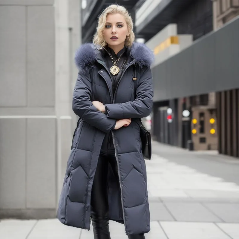 Women Down Cotton Coat Long Winter Puffer Parkas Fur Collar Thicken Warm Snow Wear Hooded Padded Coat Zipper Woman Overcoat