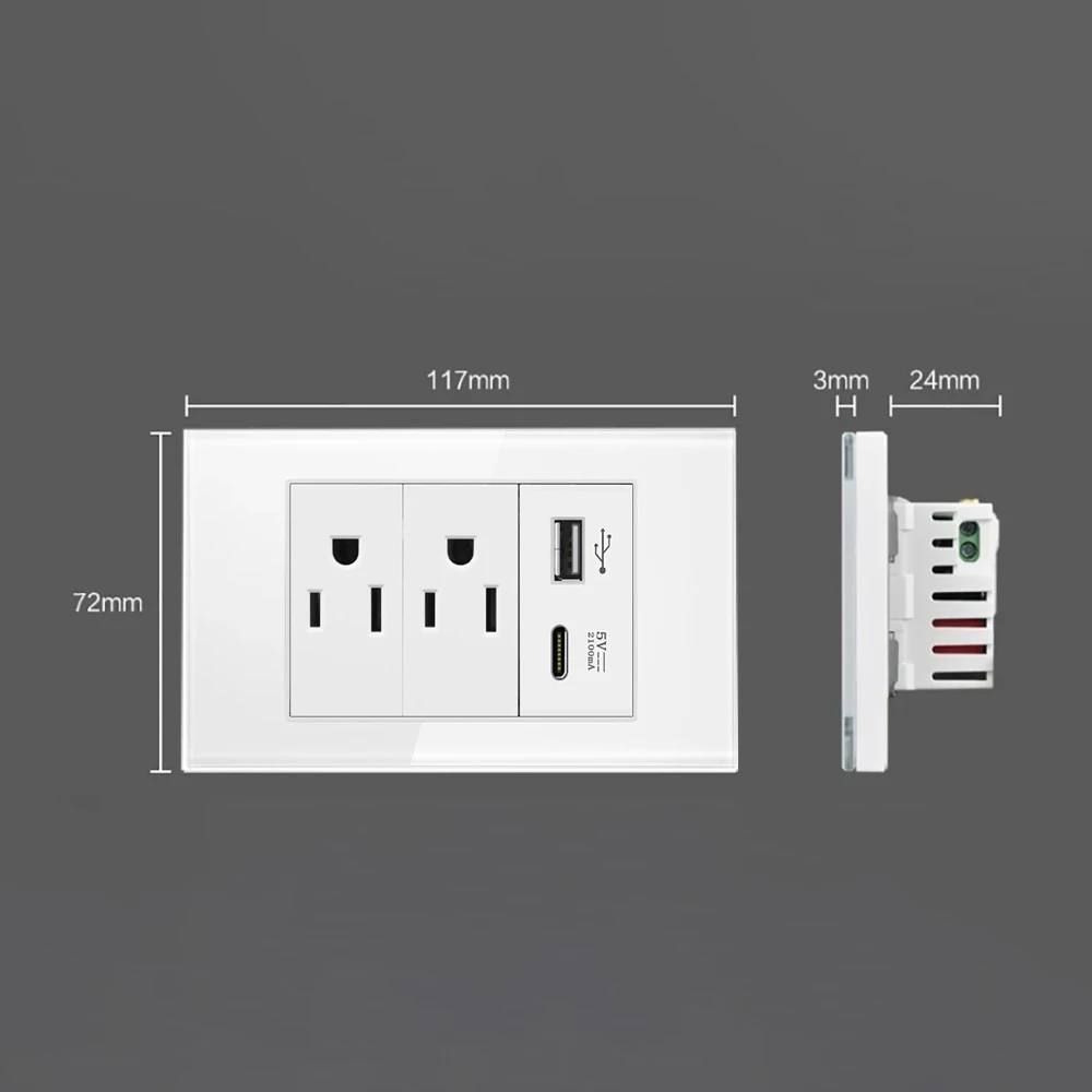 Melery 20A Brazil/US/Italy/Chile Plug Wall Sockets USB Type C Pressure Switch Plastic/ Tempered Glass Panel Outlets Home Office