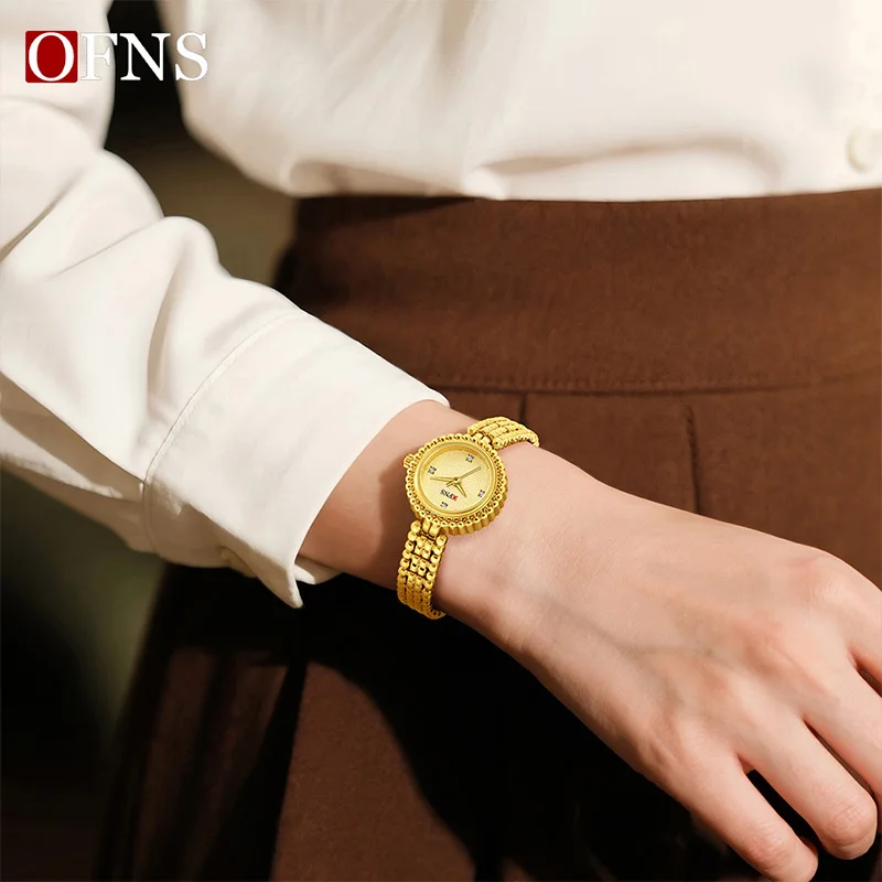 OFNS 1619 ساعة كوارتز نسائية فاخرة جديدة مع حزام فولاذي وسماء مرصعة بالنجوم ساعة مستديرة صغيرة ساعة عمل أنيقة reloj mujer