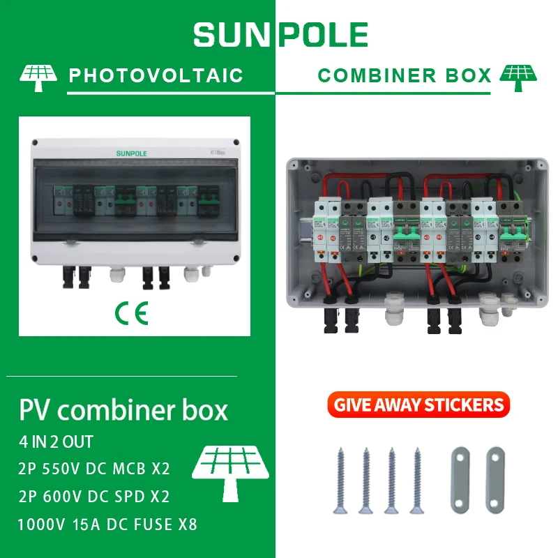 Solar photovoltaic PV Combiner Box With Lightning Protection 4 input 2 out DC550V Fuse MCB SPD Waterproof Box IP65 18ways