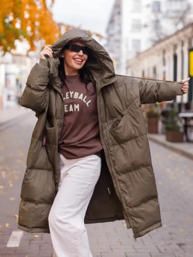 Women's Down Jacket Winter Oversize Long Puffer Coat Female Thick Warm Duck Down Jacket Hooded Loose Parkas Outwear Stylish