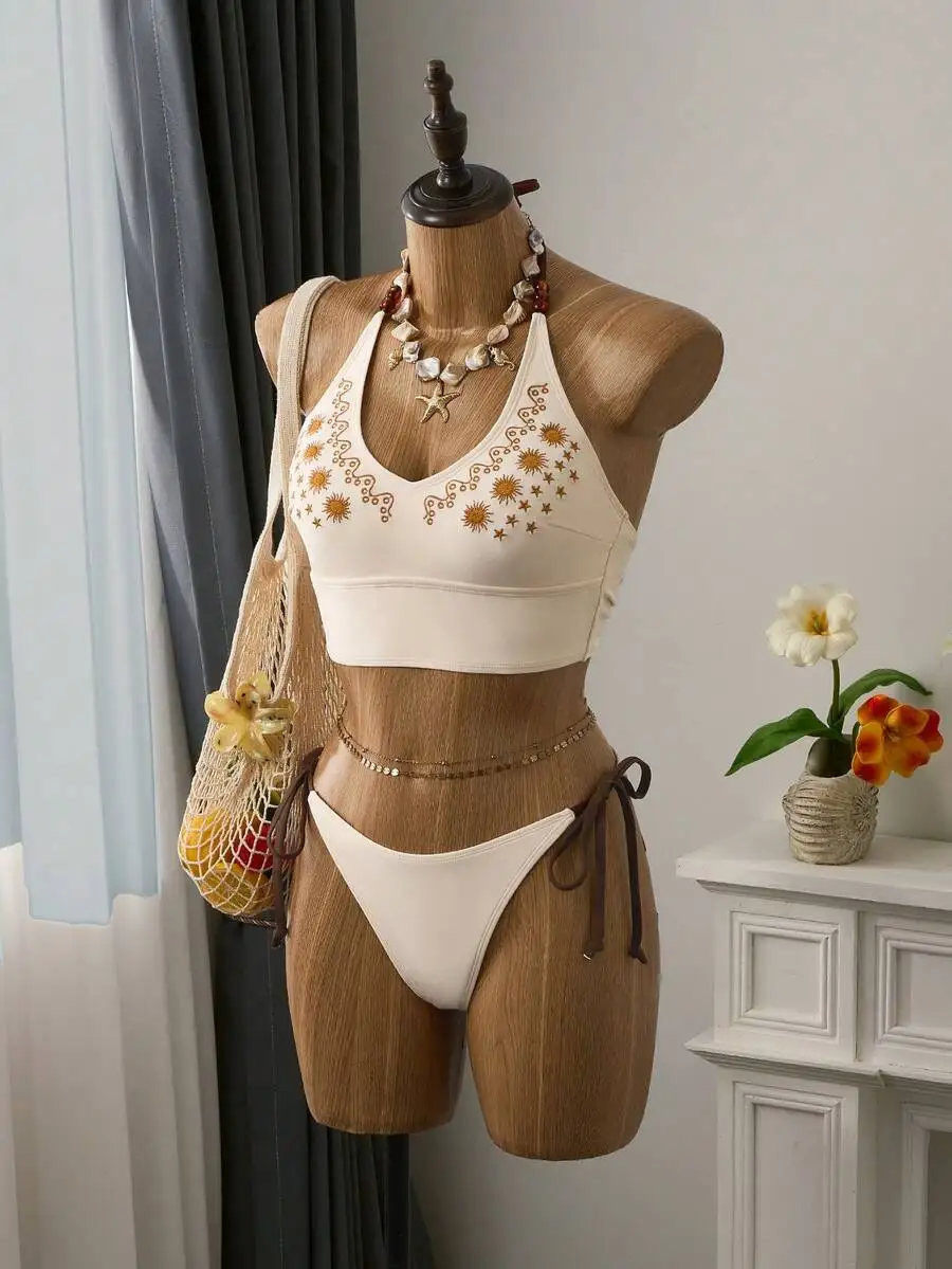 

Cream Embroidered Retro Two Piece Bikini Set For Beach Vacation Music Festival