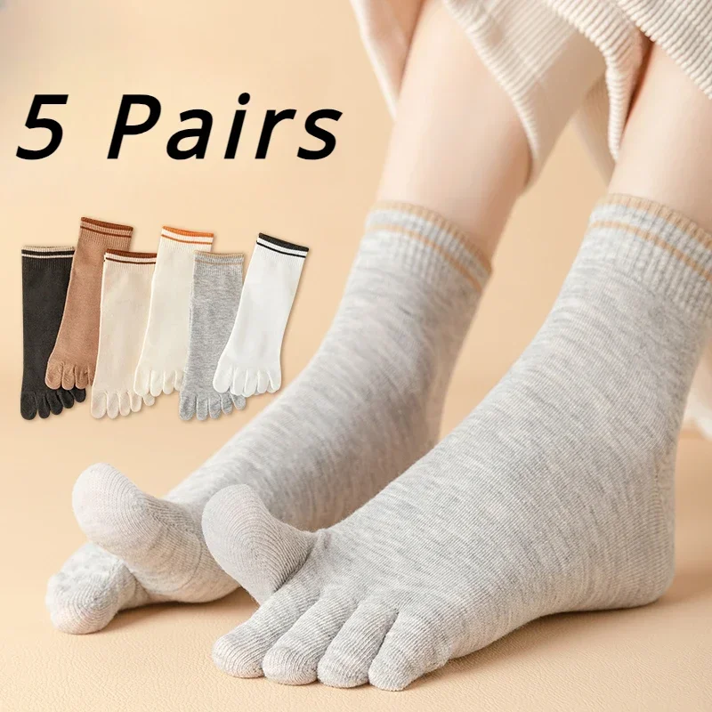 5 Pairs Five Finger Socks Women Cotton Toe Socks with Separate Fingers Calf Crew Sports Socks Mid Tube Yoga Pilates