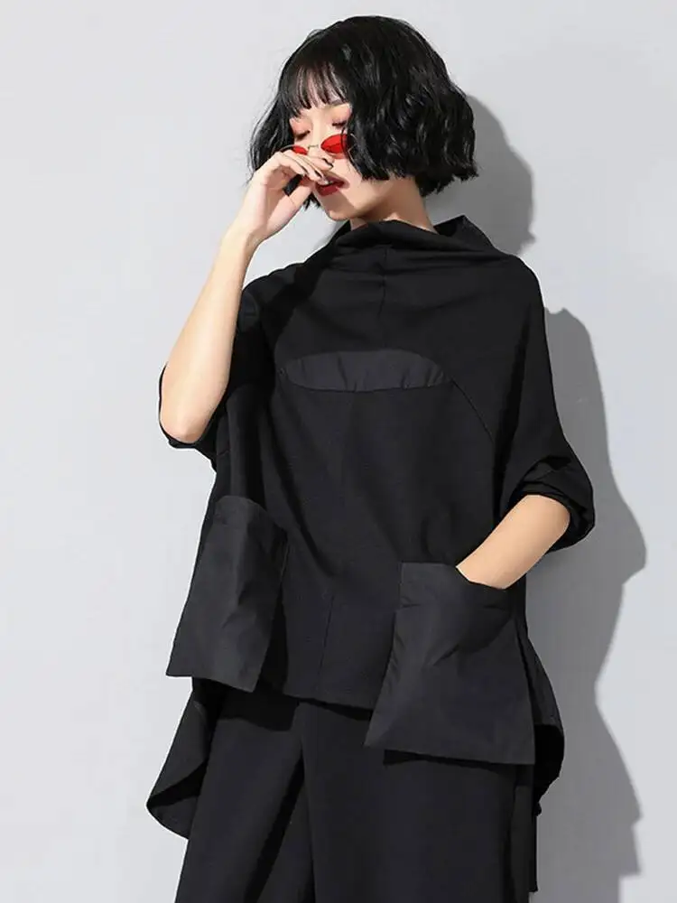 Pocket Women Black Loose Irregular Hem Big Size T-shirt New Turtleneck Long Sleeve Fashion Spring Autumn 2026 JQ0YZ1B