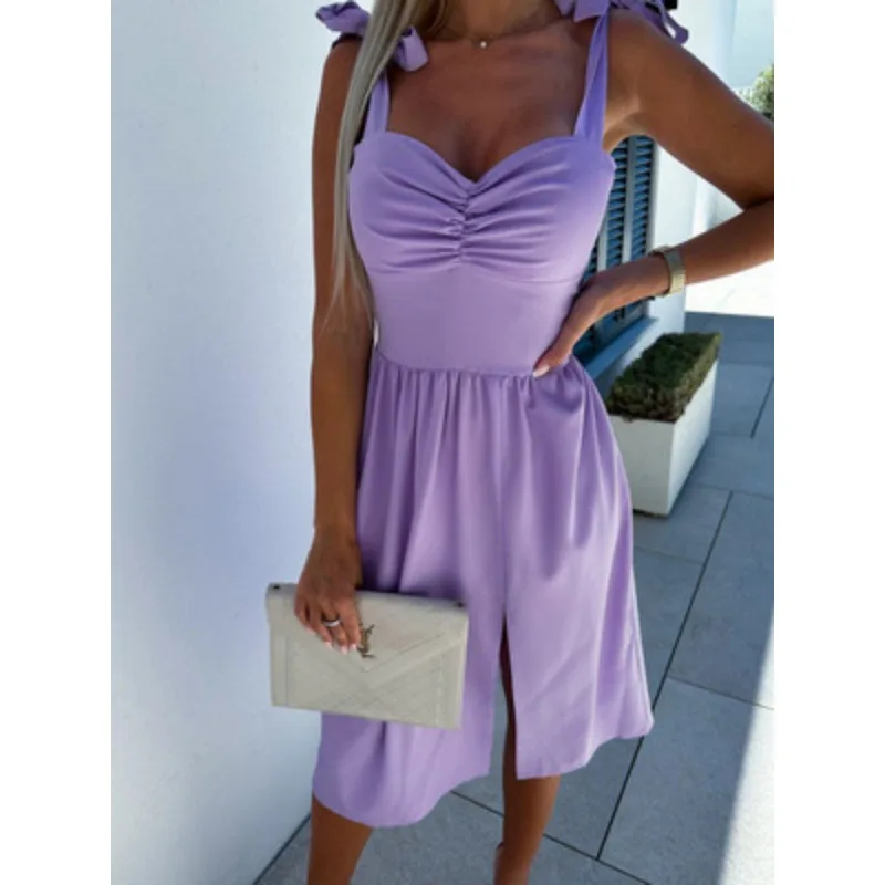 New backless halter waist split pleat dress for summer 2024