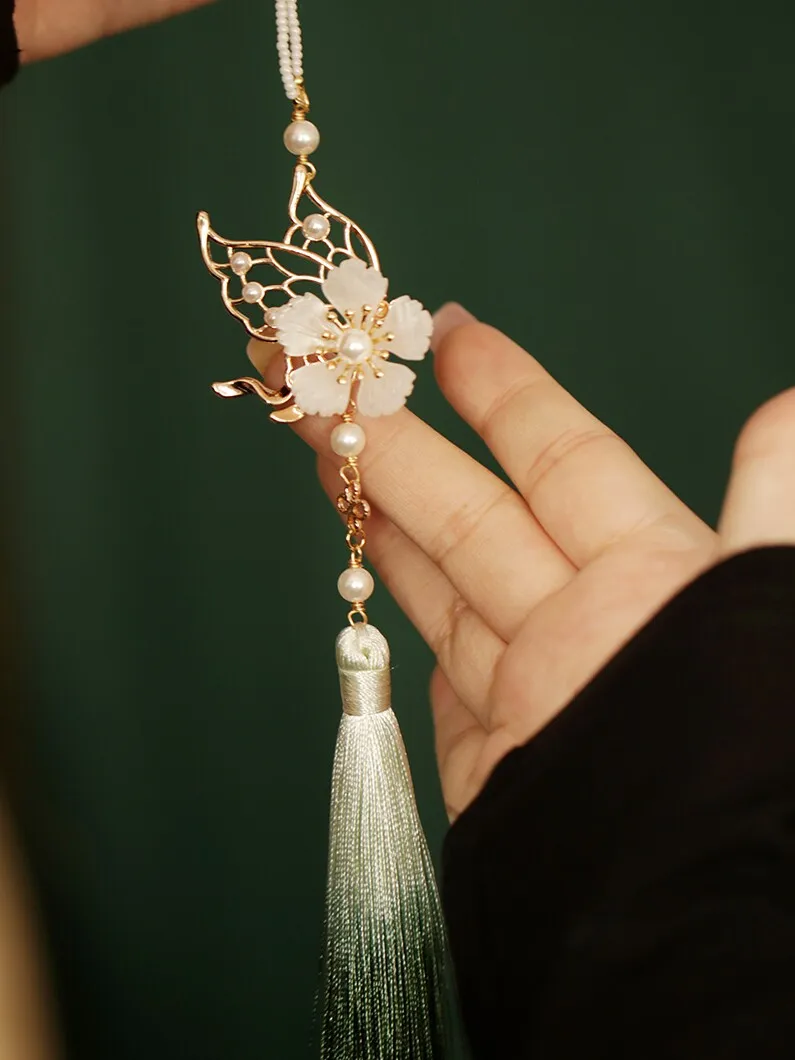 Chinese Style Hanfu Cheongsam Butterfly Ombre Tassel Brooch Flower Pearl Antique Waist Pendant Classic Chinese Costume Accessory