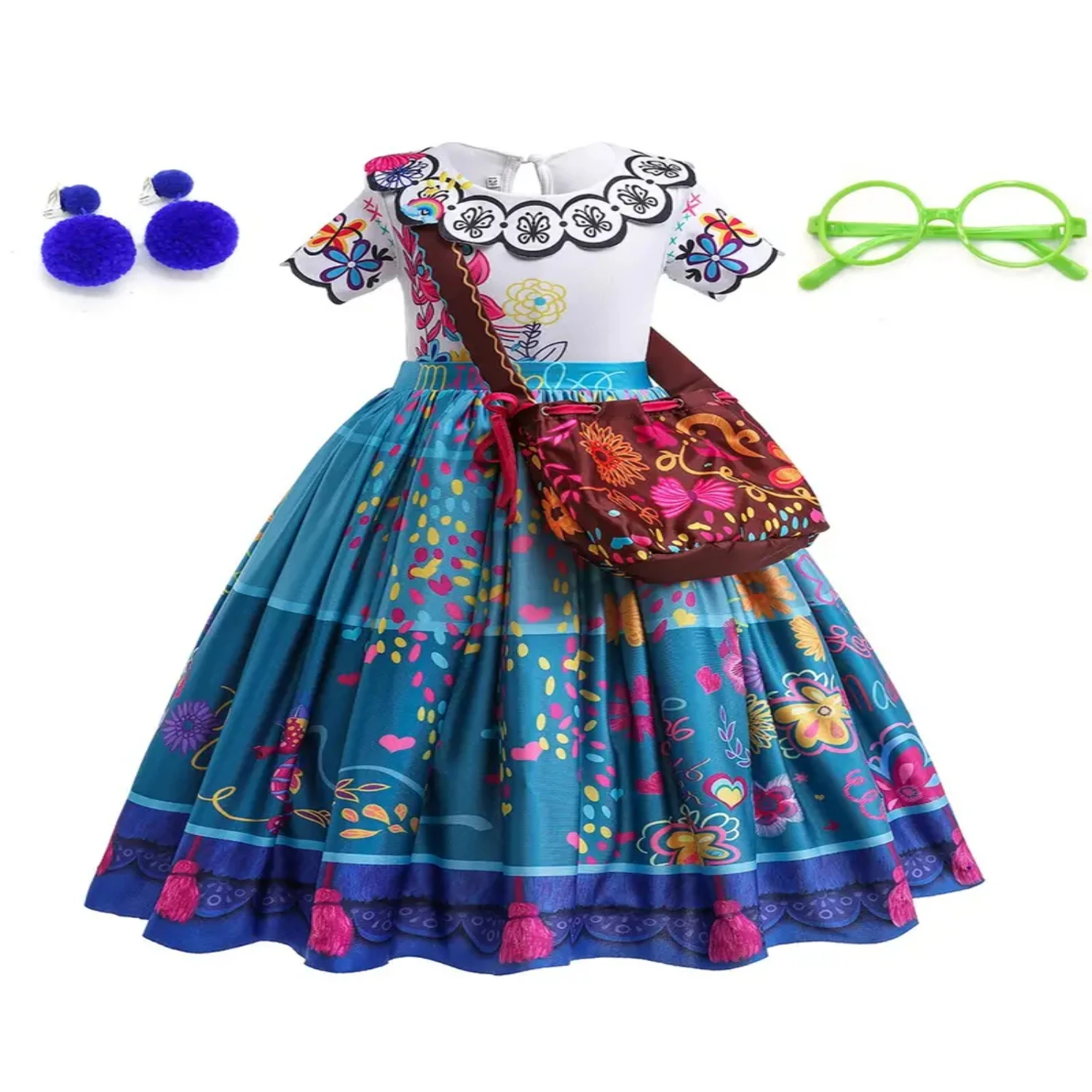 Girls Mirabel Isabella Costume Dress With Wig Earrings Glasses Bag For Christmas Evening Party Cosplay, Kids Clothes