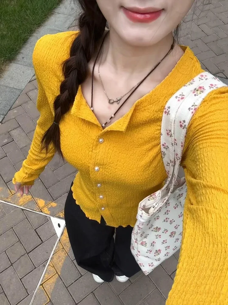 Yellow Long Sve Knitted Open Cardigan T-irt Women's Spring Autumn Slimming ort Sle Unique Design Faionable Top