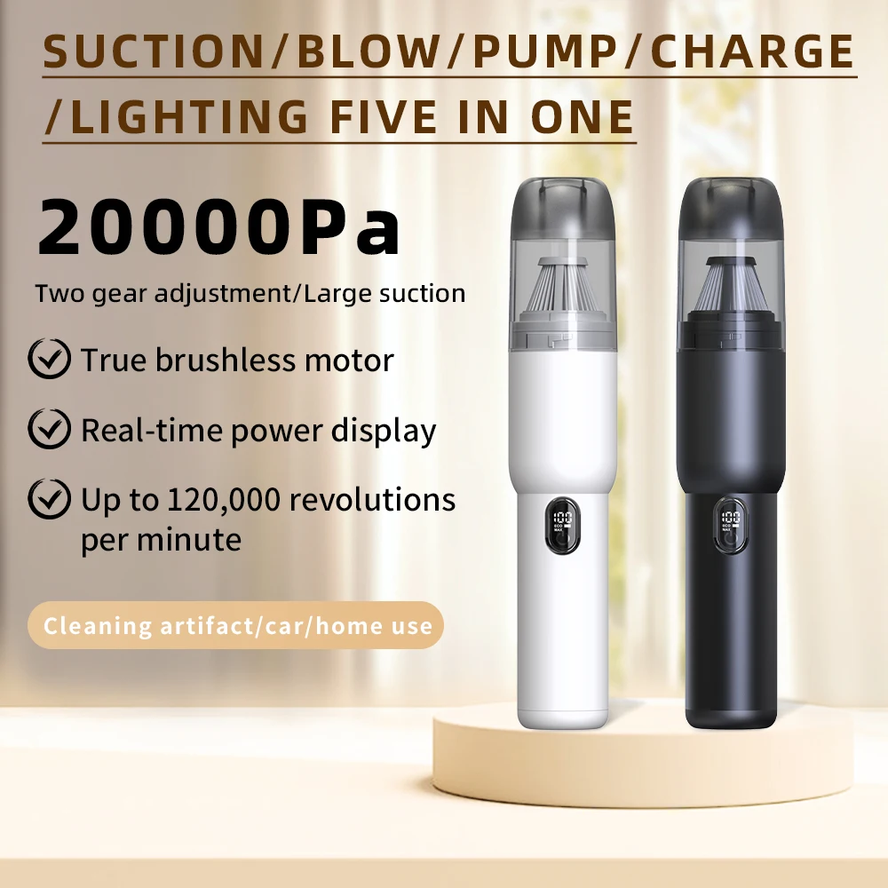 20KPA Handheld Car Vacuum Cleaner Cordless Portable Vacuum Powerful Suction Vacuum with LED Light 2-in-1 Air Inflator Vac