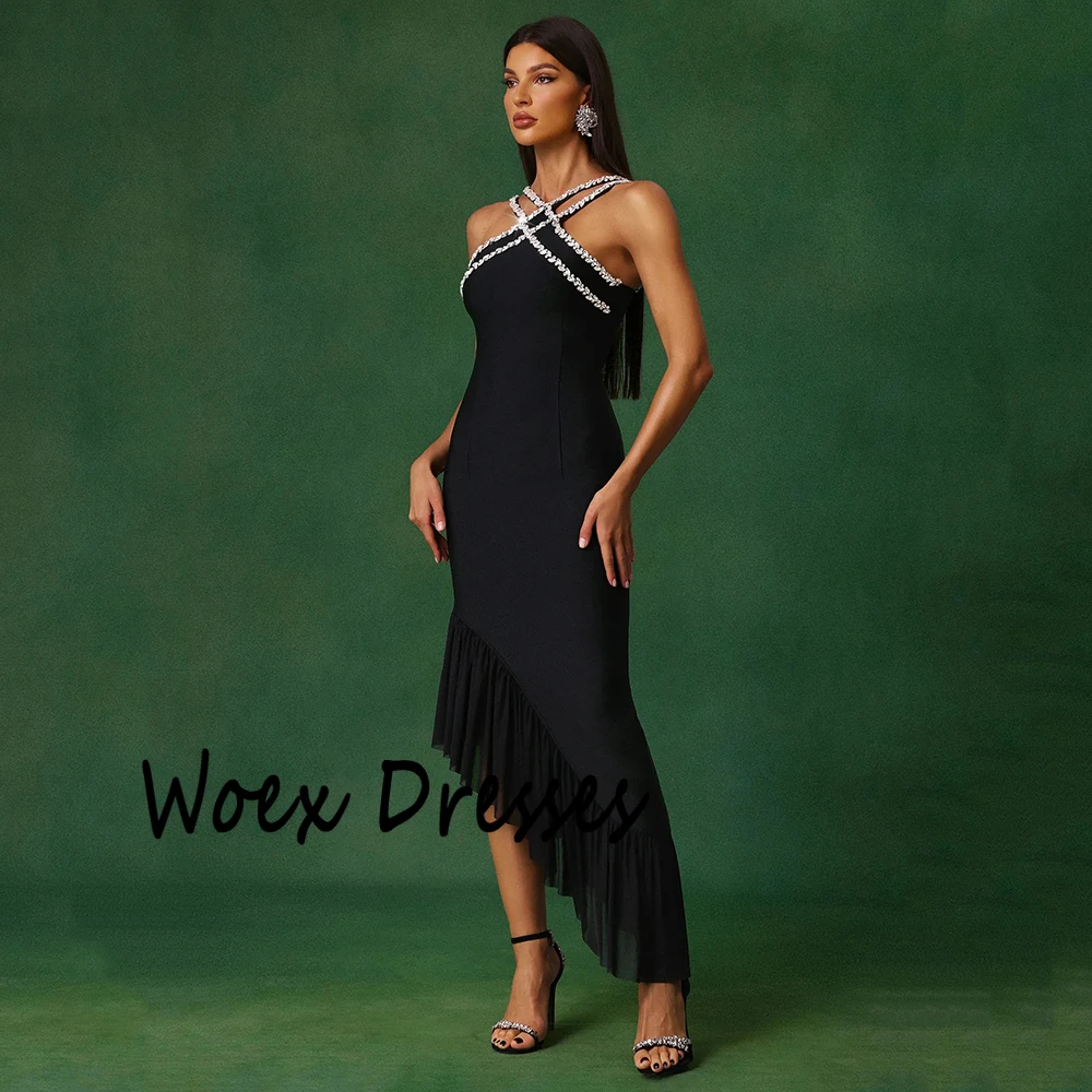 Customized Pure Color Simple Jersey Evening Dress Criss-Cross Sleeveless Party Dress Backless Tea-Length Prom Gown For Women