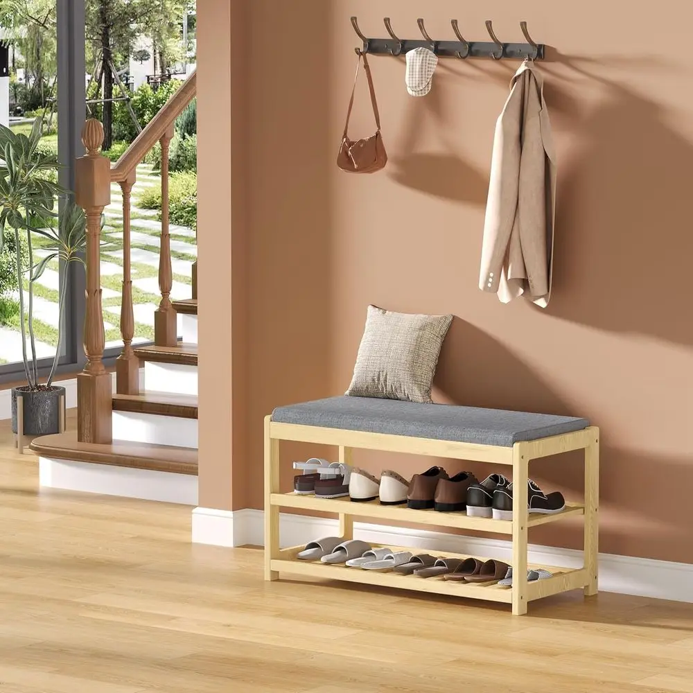 3-stöckige Schuhregalbank aus massivem Holz mit Stauraum, gepolstertem Sitz, für Eingangsbereich, Flur, Schmutzfänger – natürliches Finish