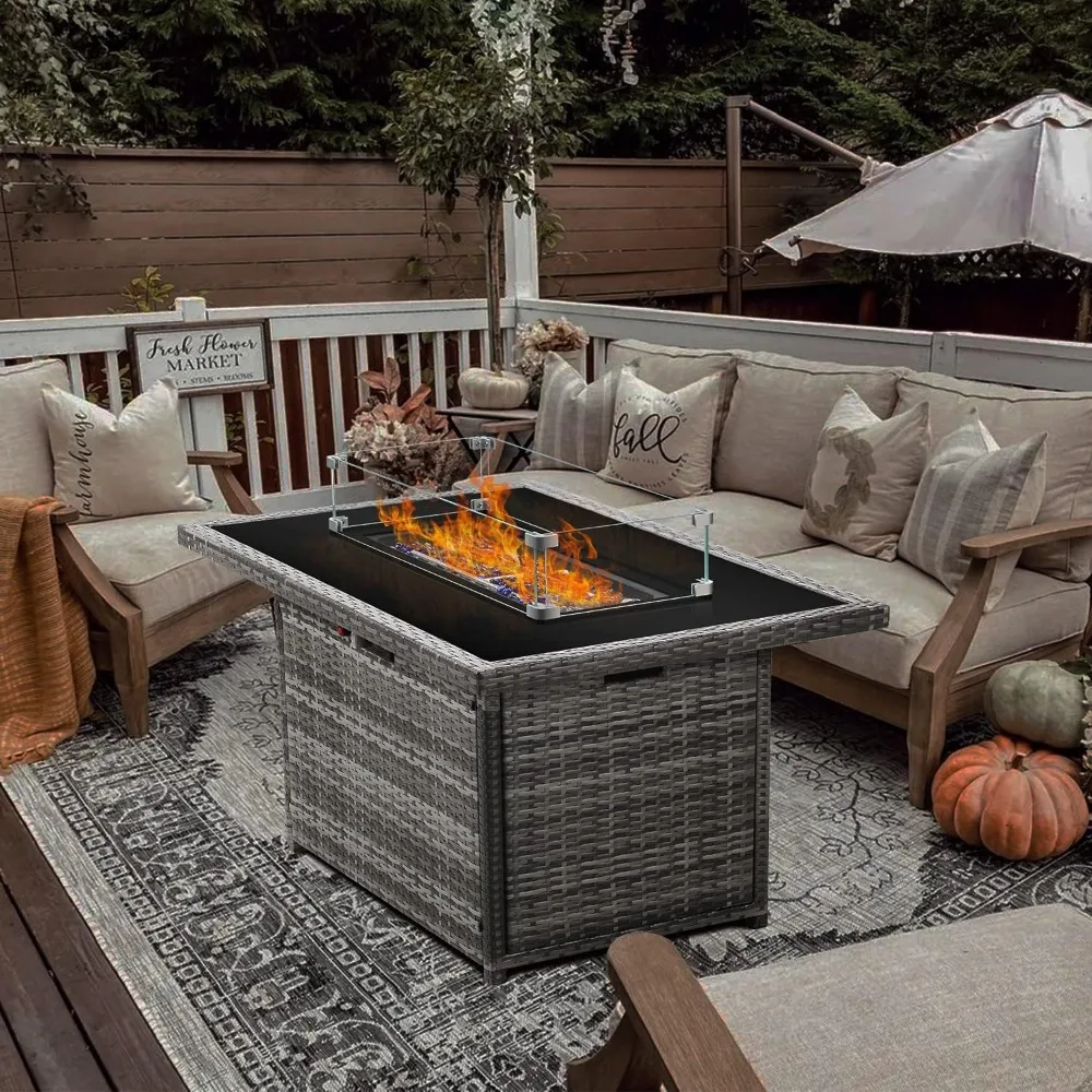 Propane Fire Pit Table,44 Inch 55000 BTU Outdoor Gas Fire Pit Rectangular with Glass Wind Guard for Outside Patio Deck ，Gray