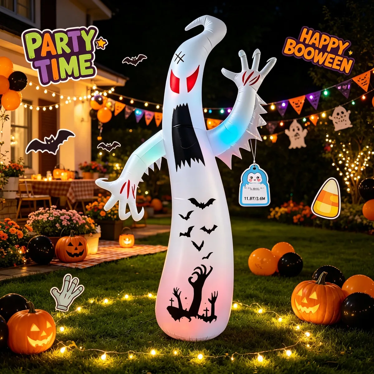 Halloween Giant Spooky Ghost Bat Print Party & Holiday DIY Decorations LED Inflatable For Yard Lawn Halloween Display