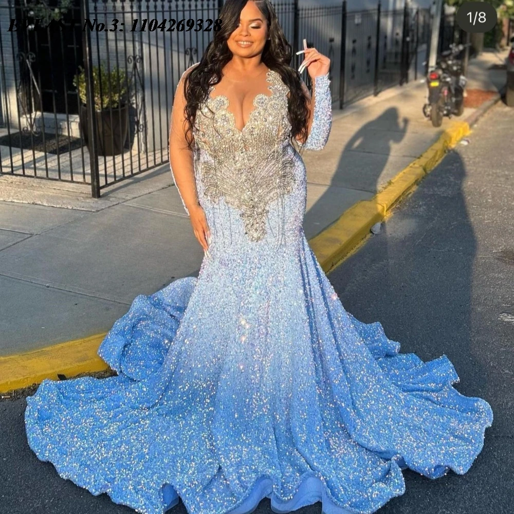 EVLAST-vestido de fiesta africano azul cielo brillante personalizado para niñas negras, vestido de fiesta de cumpleaños de sirena con cuentas de cristal y diamantes E3P217
