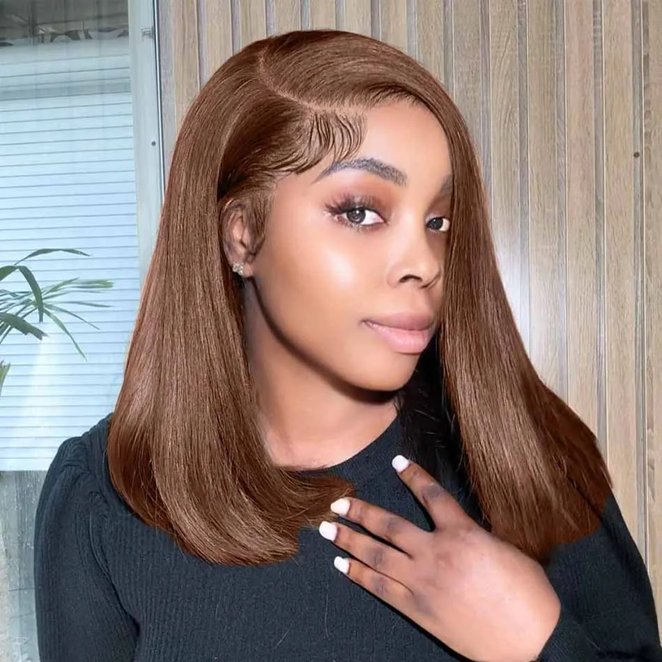 

Chocolate Lace Frontal Wig Human Hair 200% Bone Straight Short Bob Wig Human Hair Straight 13x4 Transparent Lace Front Wigs 200%