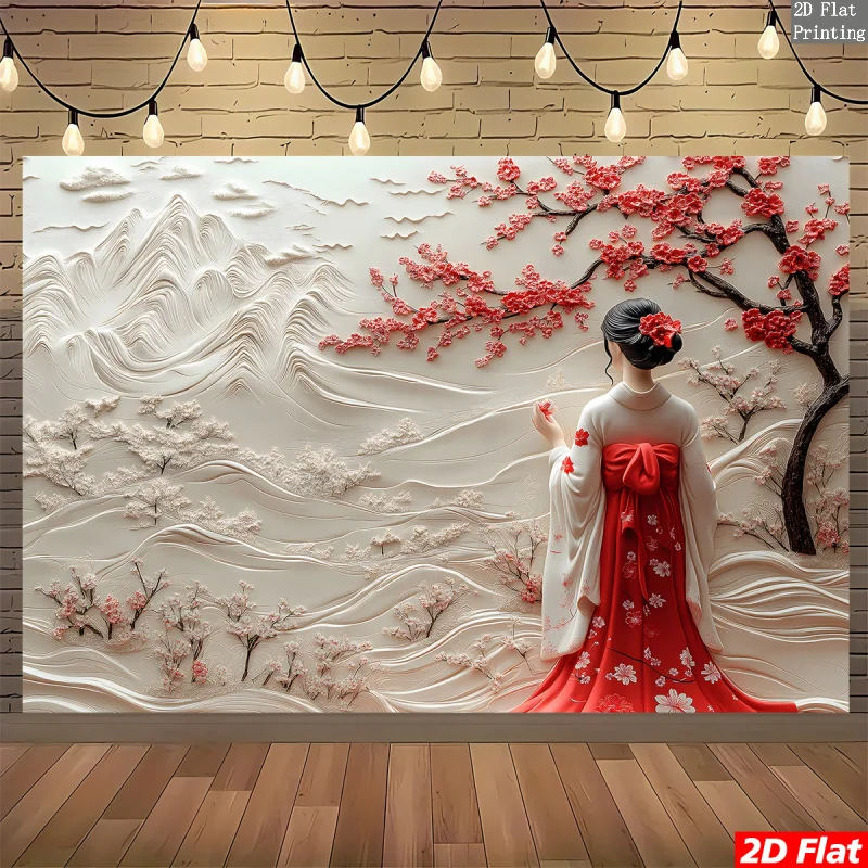 3D Relief Sakura Blossom Wall Art Panel Asian Spring Decor Oriental Woman Floral Scene Goddess Art Wall Decoration Home Decor