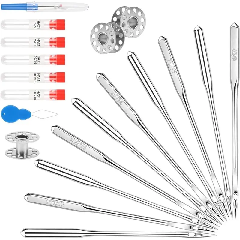 AT19-100 Pcs Universal Sewing Machine 5 Size With Bobbin Threader, Ripper, Compatible