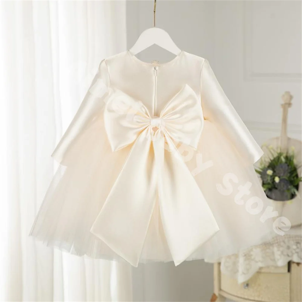 1st Birthday Baby Dress Bow Tulle Lace Princess Children Girls Dress For Party And Wedding Long Sleeve Baby Baptism Ball Gowns