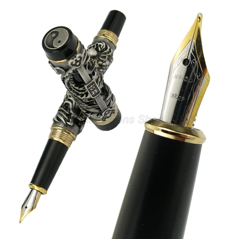 Jinhao Elegant Dragon Phoenix Fountain Pen, Metal Carving Embossing Heavy Pen, Noble Gray & Black For Business Gift Pen