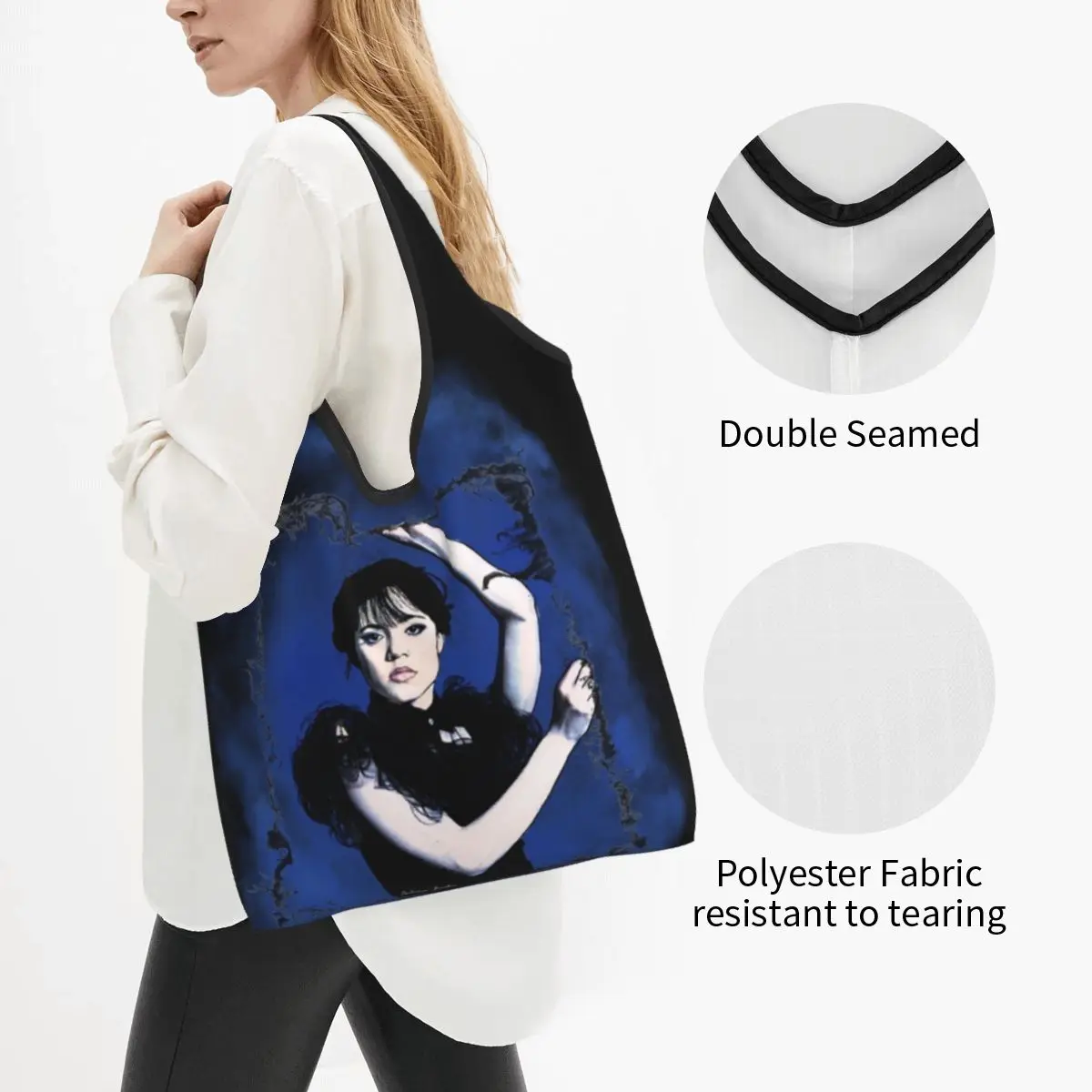 Wednesday Addams Blue Portable Tote Shopping Bags Reusable Shopper Bag Grocery Handbag Shoulder Bag