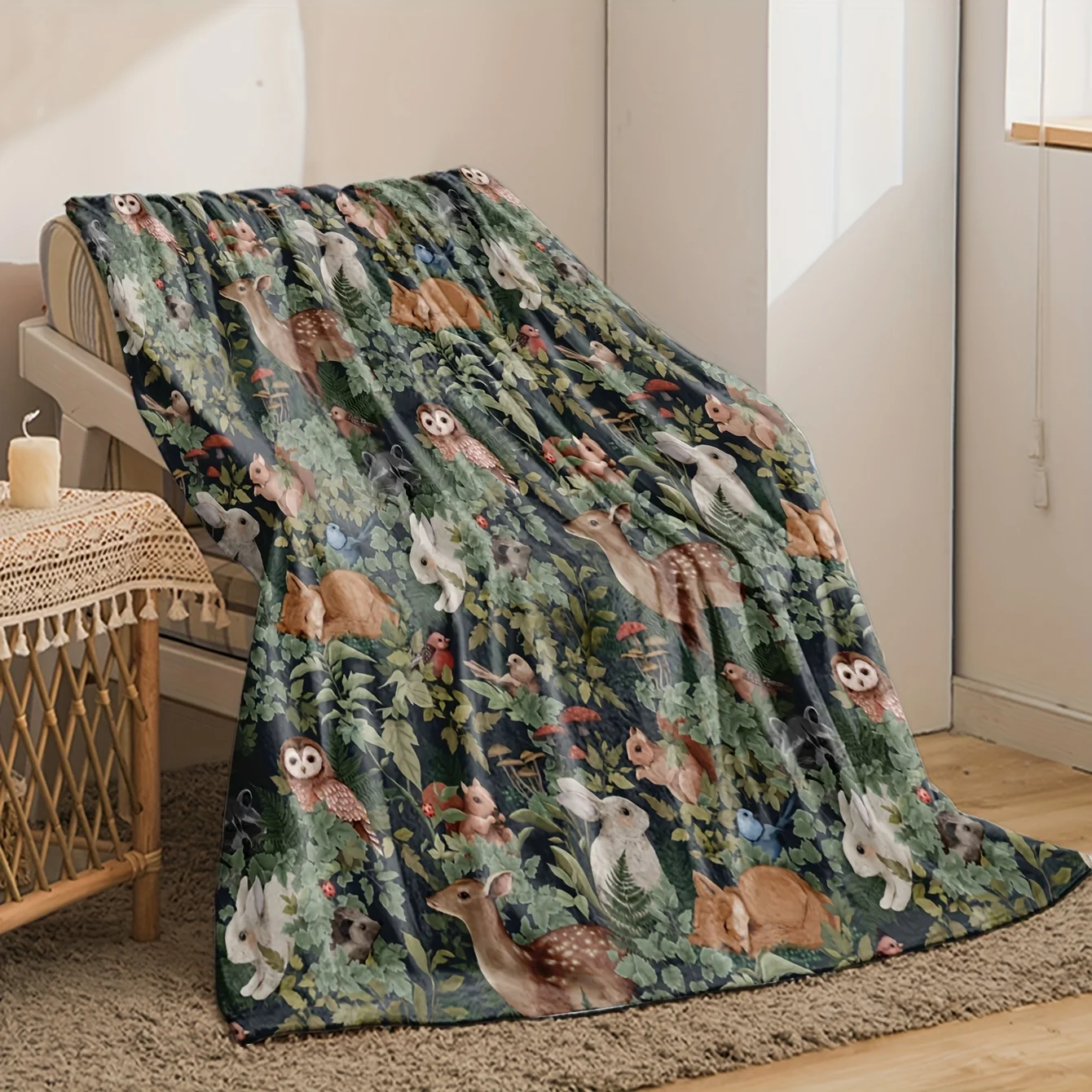 Flannel Blanket Throw Woodland Forest Animal Design Cozy Decor Picnic Bedding Gift for Sofa Chair Winter Fall Home