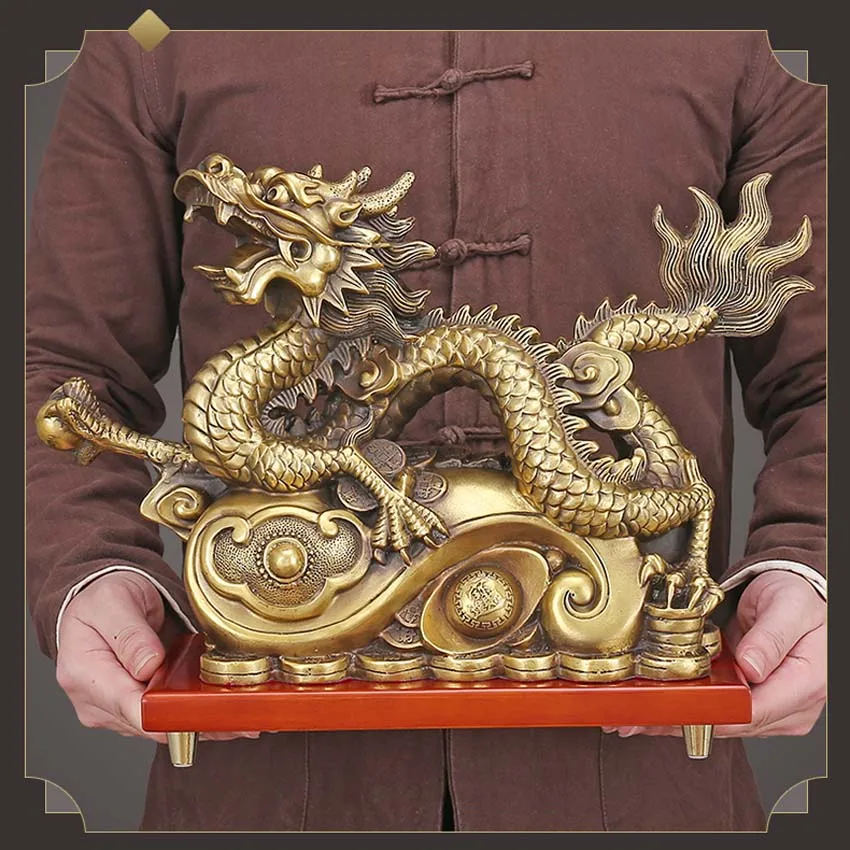 Large Bring in wealth treasure HOME Store business Money Drawing Mascot good luck Fortune golden dragon FENG SHUI Brass statue A