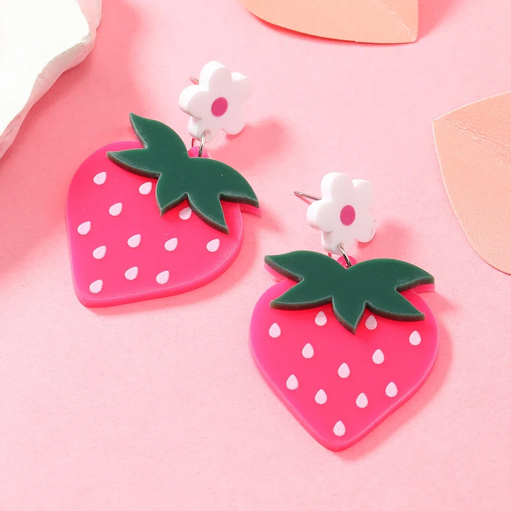 Summer and Autumn Cool Fruits Sweet Strawberry Earrings Earrings Earrings Acrylic Green Leaves White Flower Earrings Female