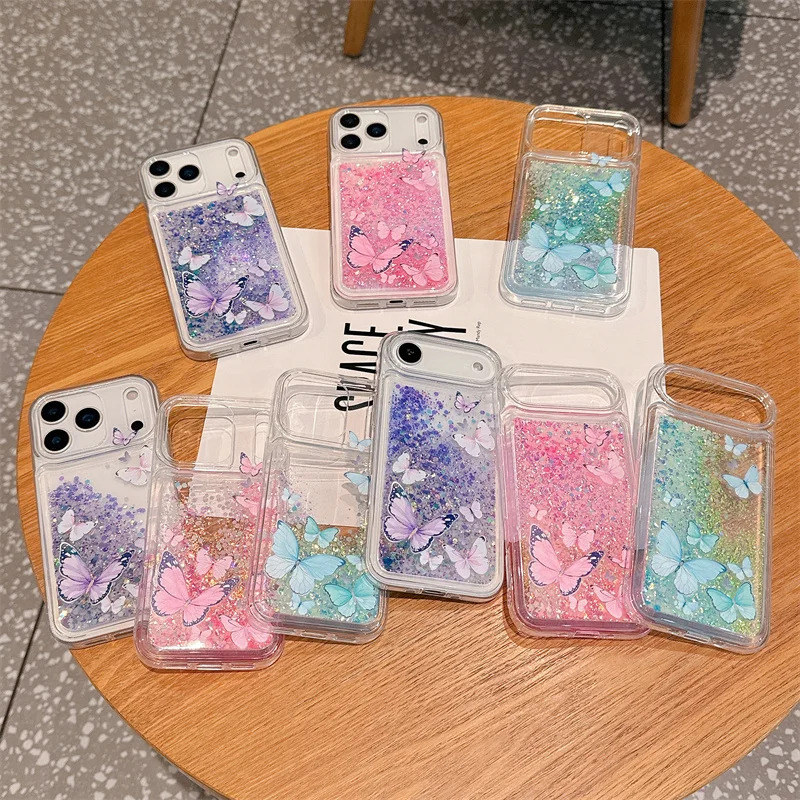 

Dynamic Love heart Liquid Quicksand Butterfly luminous Case For Samsung Galaxy S22 S23 S24 S25 Plus Z Flip 6 5 4 3 Pearl Chain