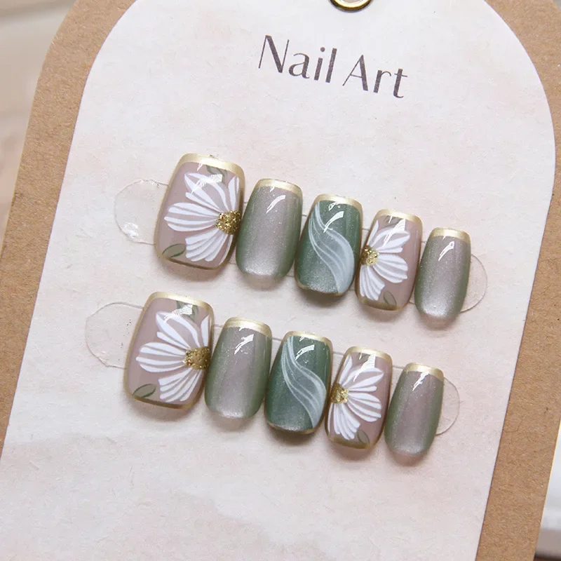 10pcs Cat Eye Flower Short Removable Korean Nails Press on Acrylic False Nails Girl Coffin Manicure Set Short Fake Finger Nails