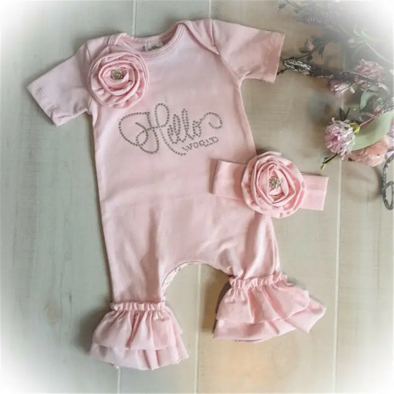 New Newborn Baby Flower Romper Girl Jumpsuit Headband Outfits Girls Clothes Set