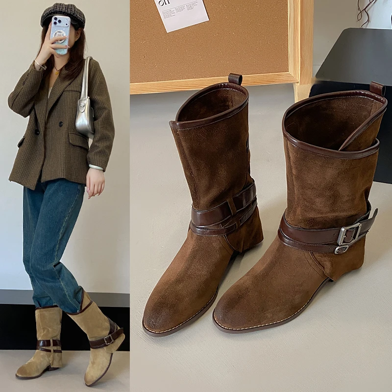 Women Vintage Mid Calf Boots, Double Buckle Strap Decor, Slip On Suede Texture Boots, Low Block Heel Casual Boots for Ladies