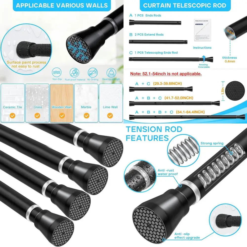 

Adjustable Black Tension Curtain Rod, 30-64 Inch, No-Drill Needed, 7/8 Spring Rod for Windows and Showers