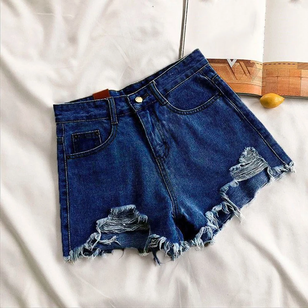 بنطلون للاستخدام اليومي شورت جيب شورت نسائي صيفي ملابس الربيع والصيف شورت نسائي صيفي ممزق باللون الأزرق الداكن
