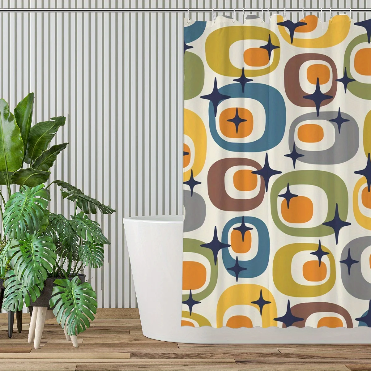 Retro Geometric Shower Curtain, Vintage Mid-Century Abstract Pattern Waterproof Bathroom Decor, Colorful Modern Home Bath Screen