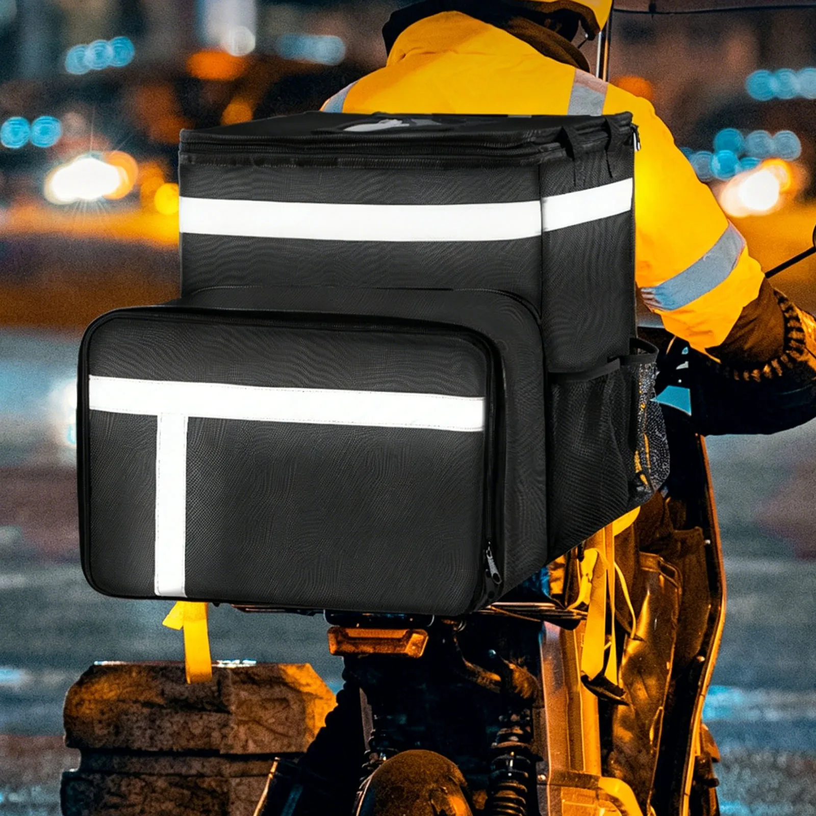 Food Delivery Bag with Reflective Strip & Cup Holders & Handle Commercial Pizza Delivery Bags Large Capacity for Delivery Bike
