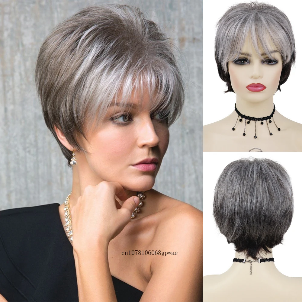 

GNIMEGIL Synthetic Grey Wig for Women Natural Short Straight Ombre Wig with Bangs Older Ladies Wig Mommy Fake Hair Daily Cosplay