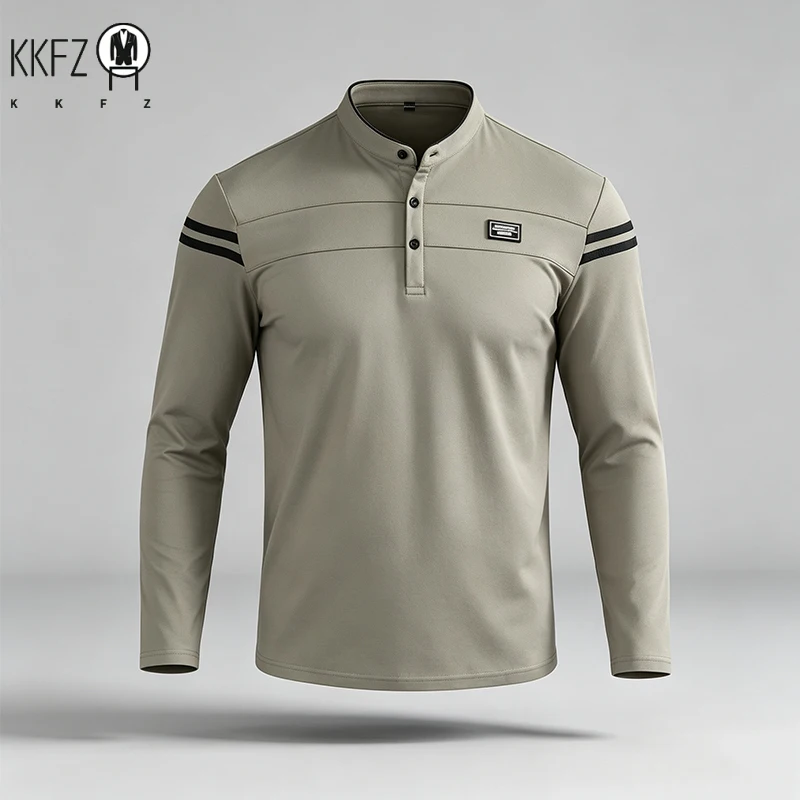 Mens Basic Stand Collar Long Sleeve Polo Top Sleeve Stripes Suitable For Vacation Short Trip And Multiple Leisure Scenes