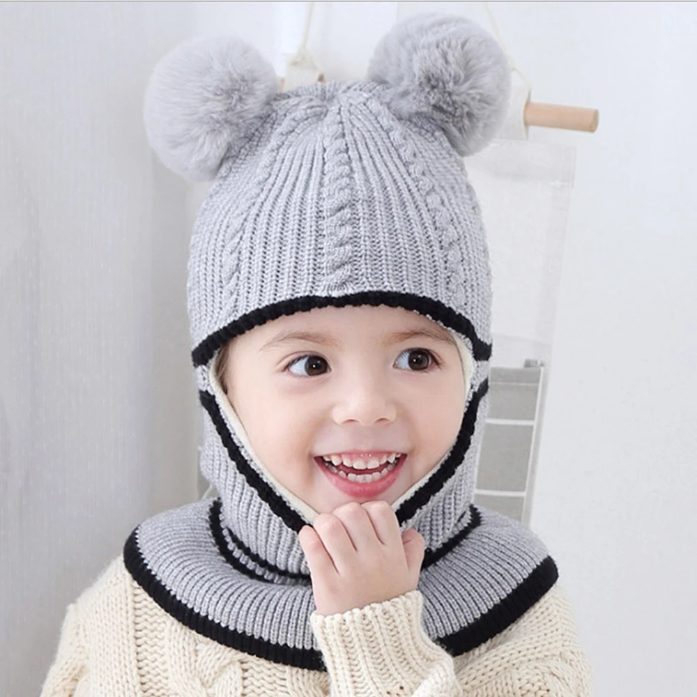 Children\'s Caps Boys Girls Knitted Woolen Beanie Hat Winter Baby Warm Hats With Scarf Cover For Kids 1-6 Year Windproof Cap